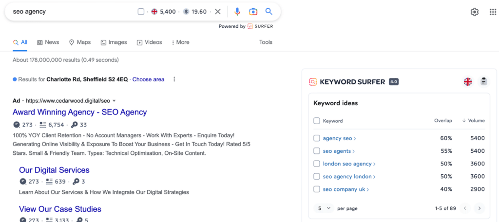 Keyword Surfer example