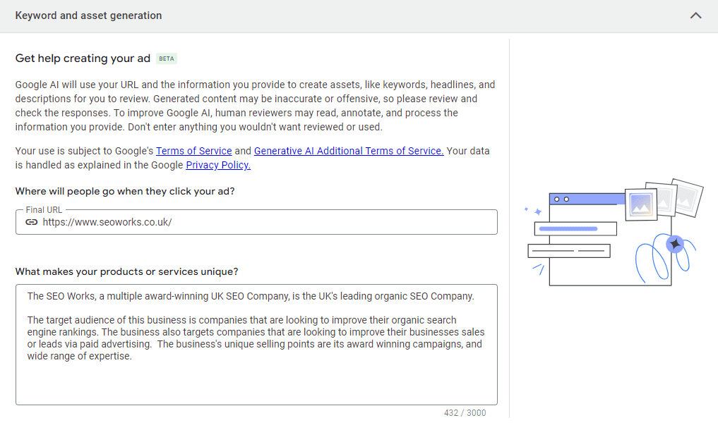 Keyword and assest generation screenshot example