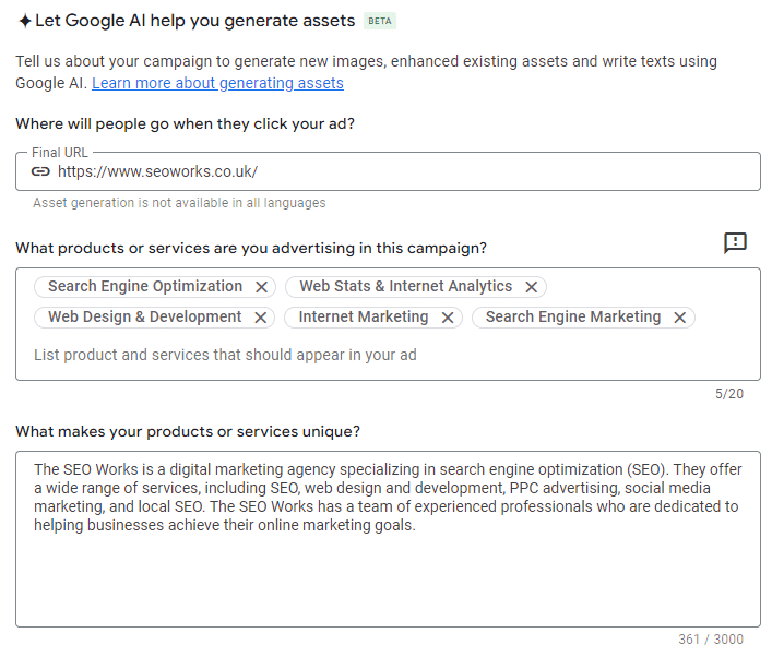 Headline and description generation example
